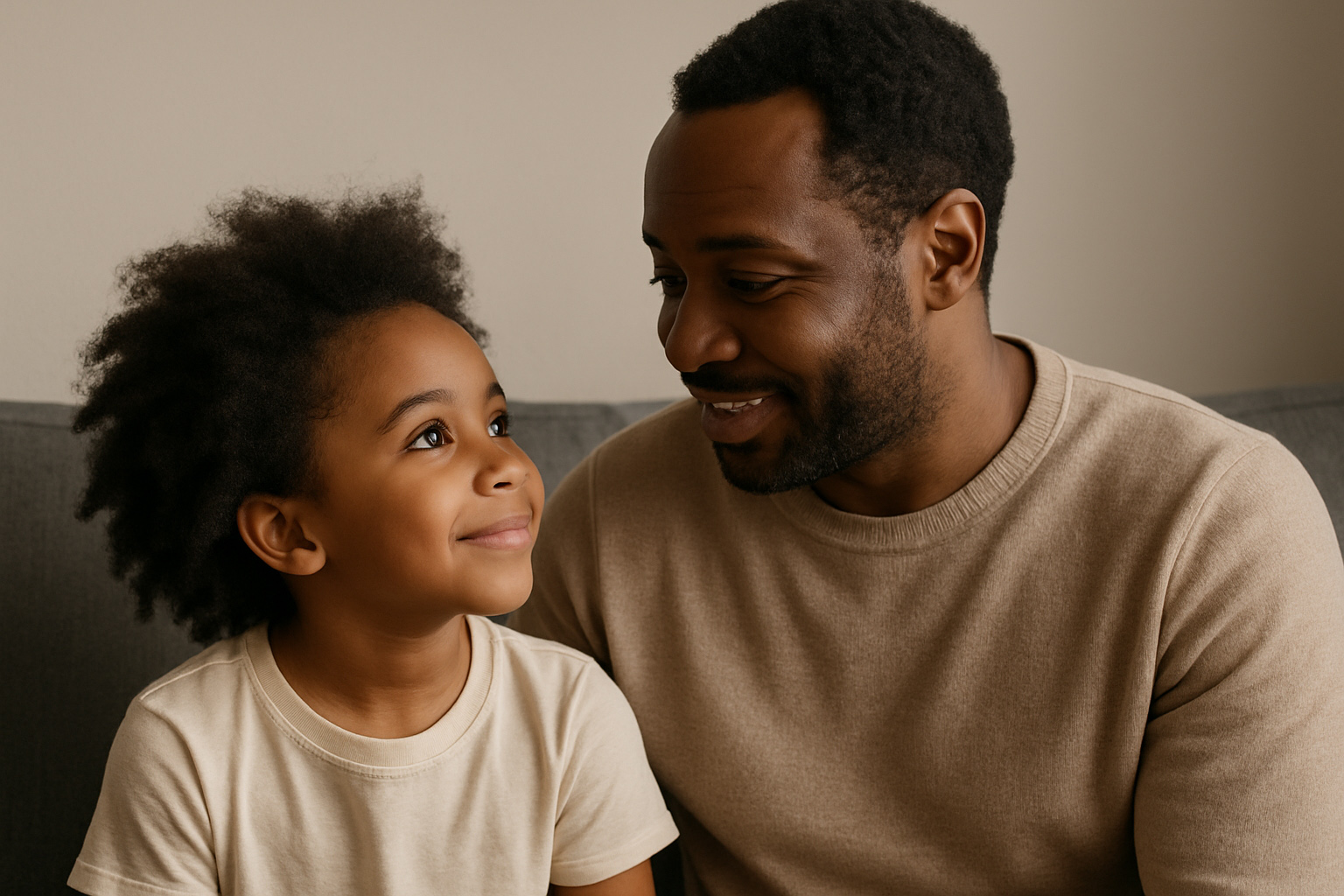 Attachement parent-enfant: Enfant regardant son parent avec tendresse et confiance sur un canapé
