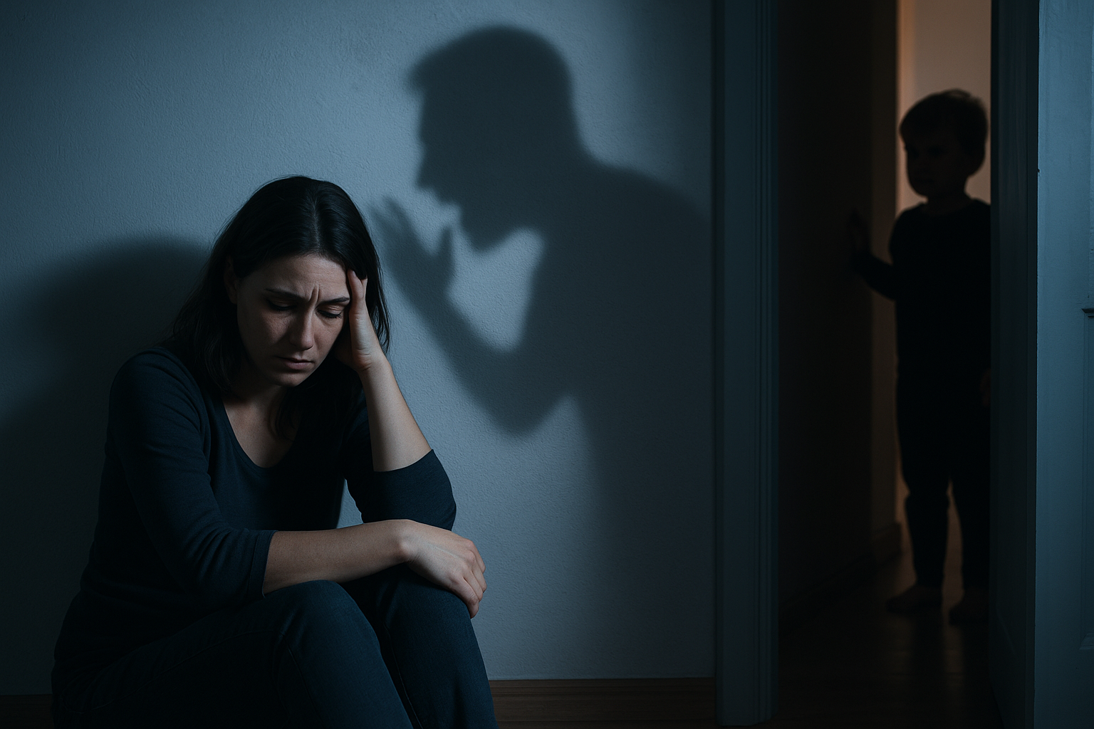 Violence conjugale : femme en détresse et enfant témoin dans une scène sombre