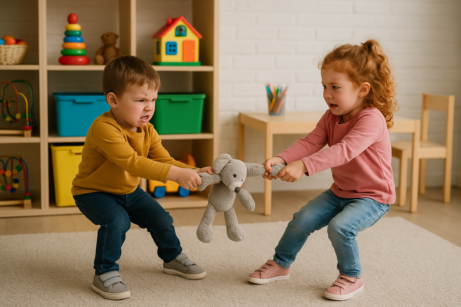 Agressivité chez l'enfant : deux enfants d’âge préscolaire se disputent un jouet en garderie, visages fâchés et tendus