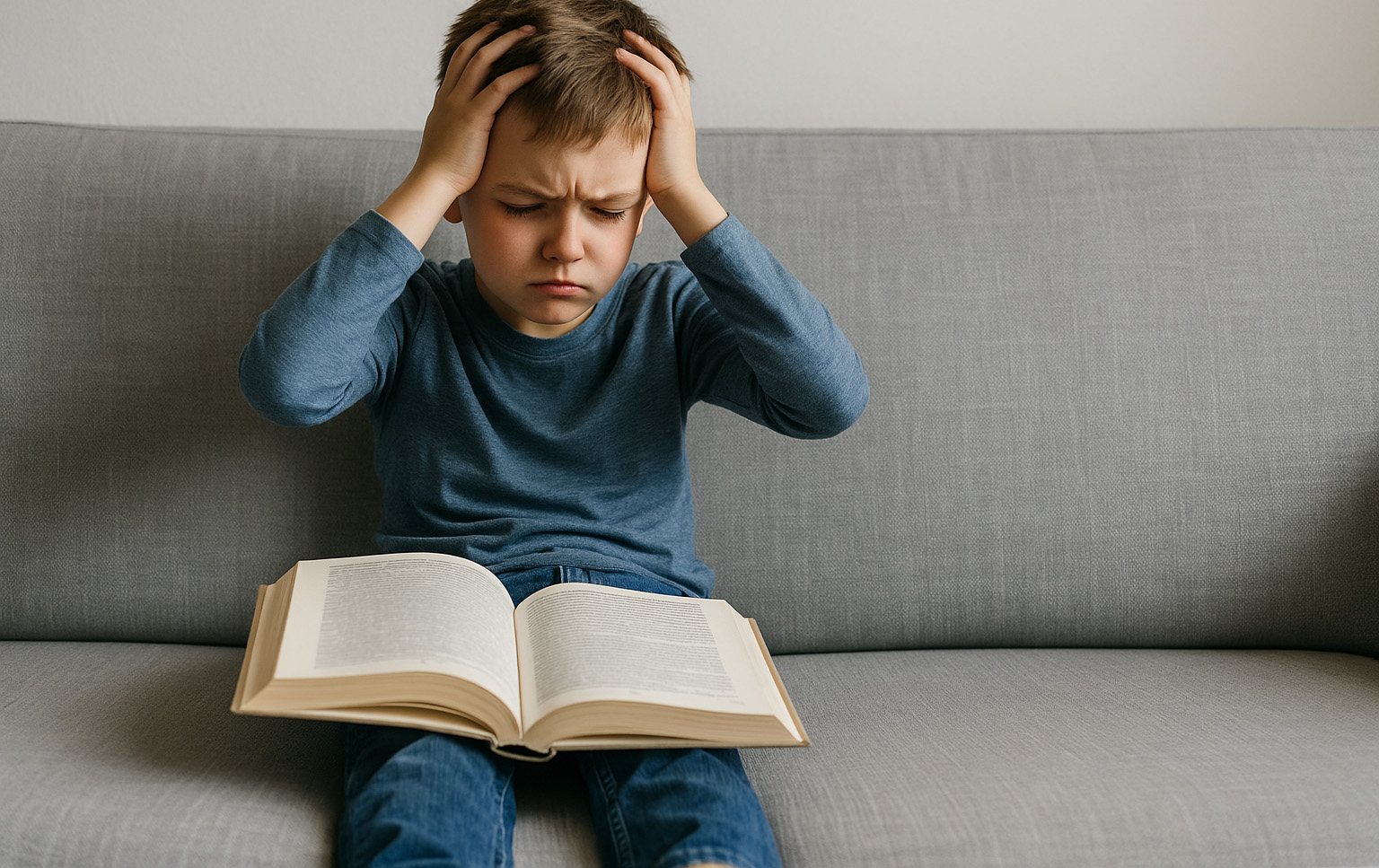 Enfant dyslexique frustré en train de lire un livre à la maison