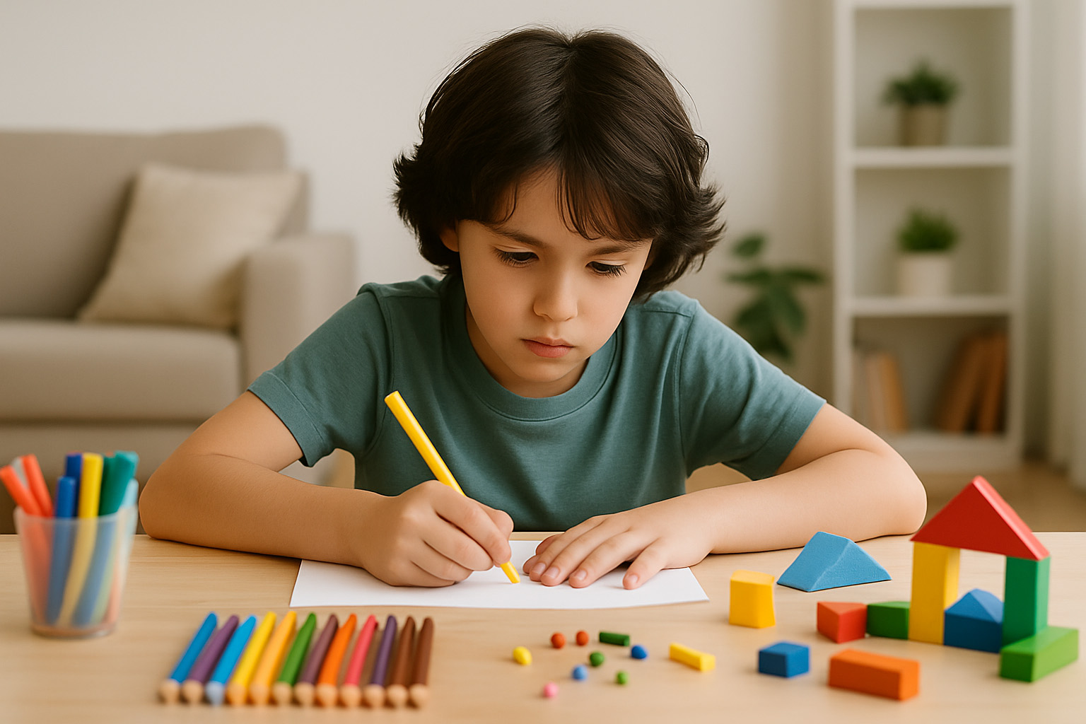 Jeune garçon doué concentré sur un projet créatif à la maison, en pleine réflexion