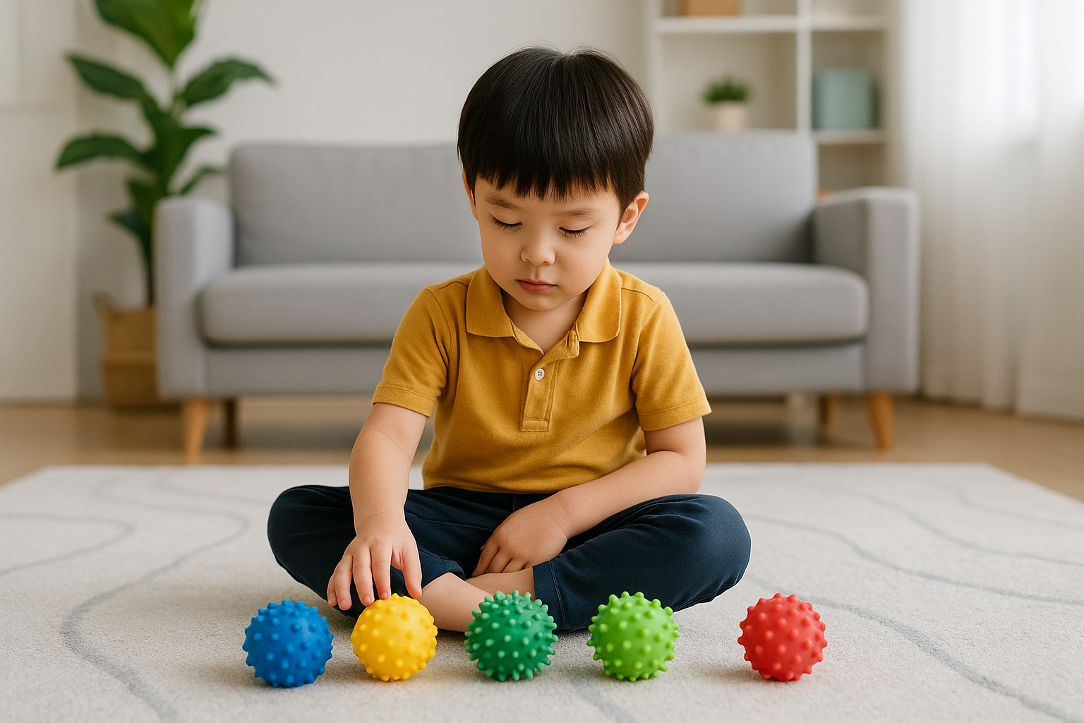 Un enfant autiste jouant avec des balles sensorielles colorées dans un salon calme