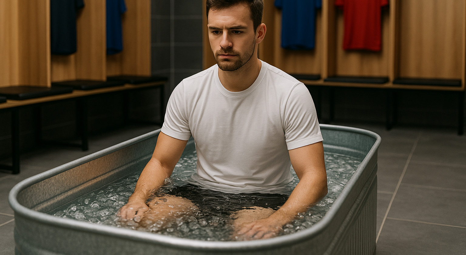 Un sportif en t-shirt blanc immergé dans un bain de glace jusqu’à la taille, dans un bac en métal, illustrant la récupération après l’entraînement et la controverse autour du bain de glace