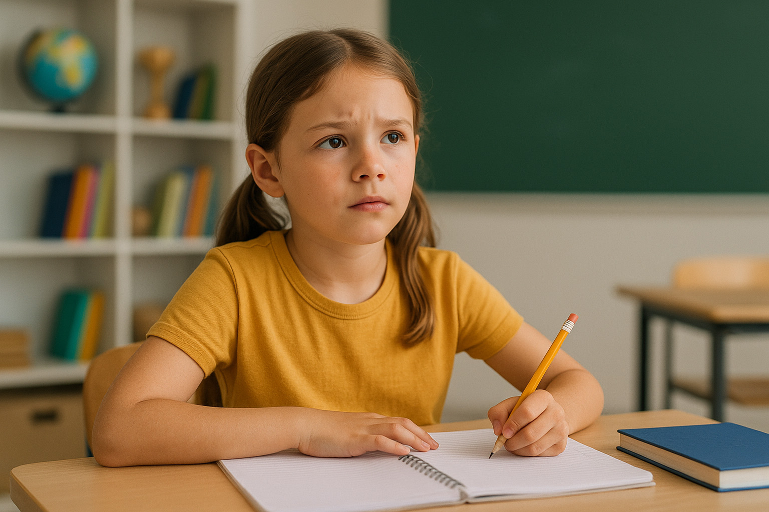 Une fillette de 7 ans, en salle de classe, regarde une consigne avec un air d’incompréhension, illustrant les difficultés d’attention et de langage associées à la dysphasie